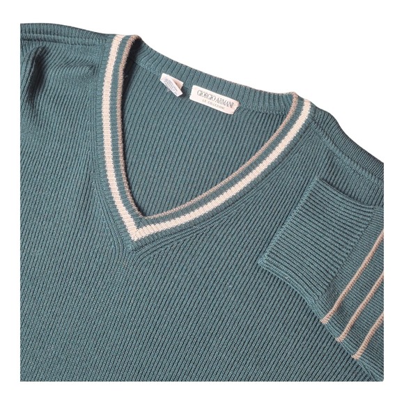 VTG Giorgio Armani Le Collezioni Mens XL Hunter Green Wool Knit V Neck